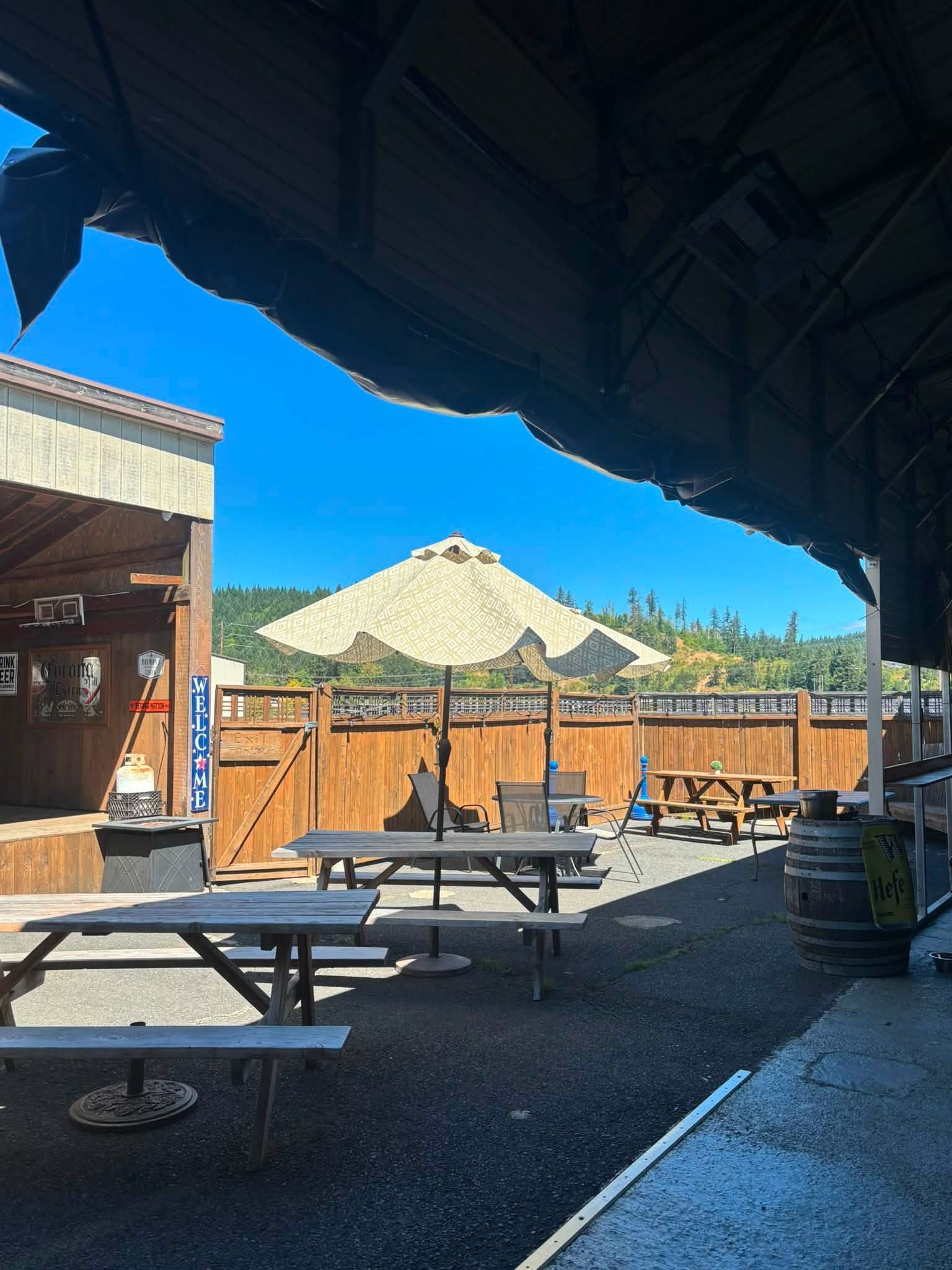 Covered patio with picnic tables and umbrellas